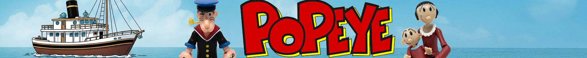 Classic Popeye logo in bright red and yellow with characters Olive Oyl and Wimpy beside a ship on calm blue water