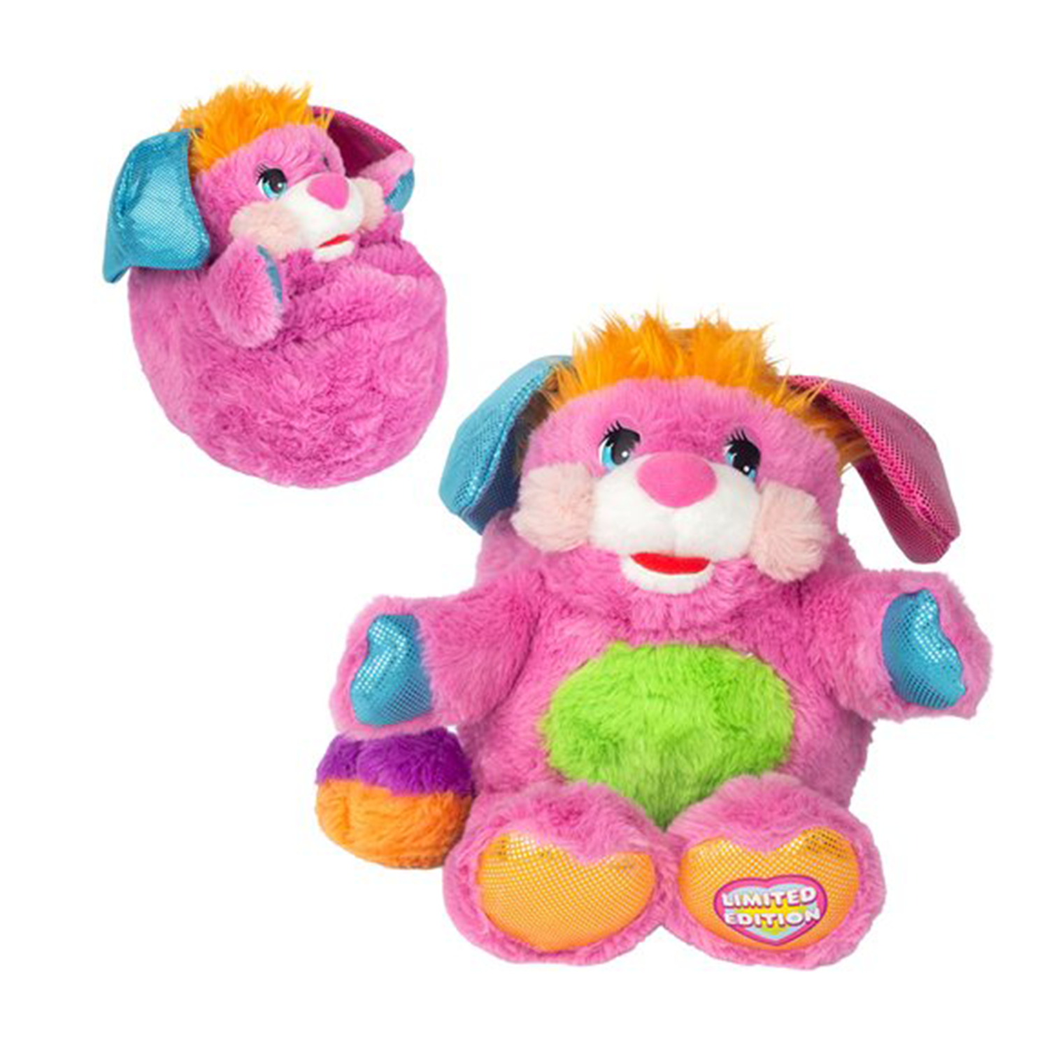 Popples Pancake Limited Edition Plush - 11-Inch Collectible with pink fur, green belly, orange hair, and blue and pink ears by Go Figment