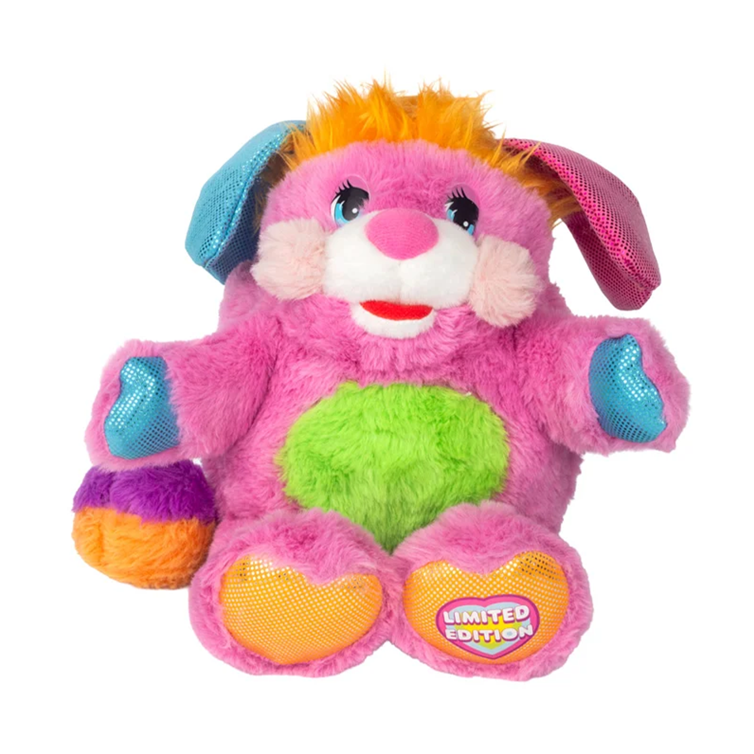 Popples Pancake Limited Edition Plush - 11-Inch Collectible by Go Figment with pink fur, green belly, and colorful orange and purple accents