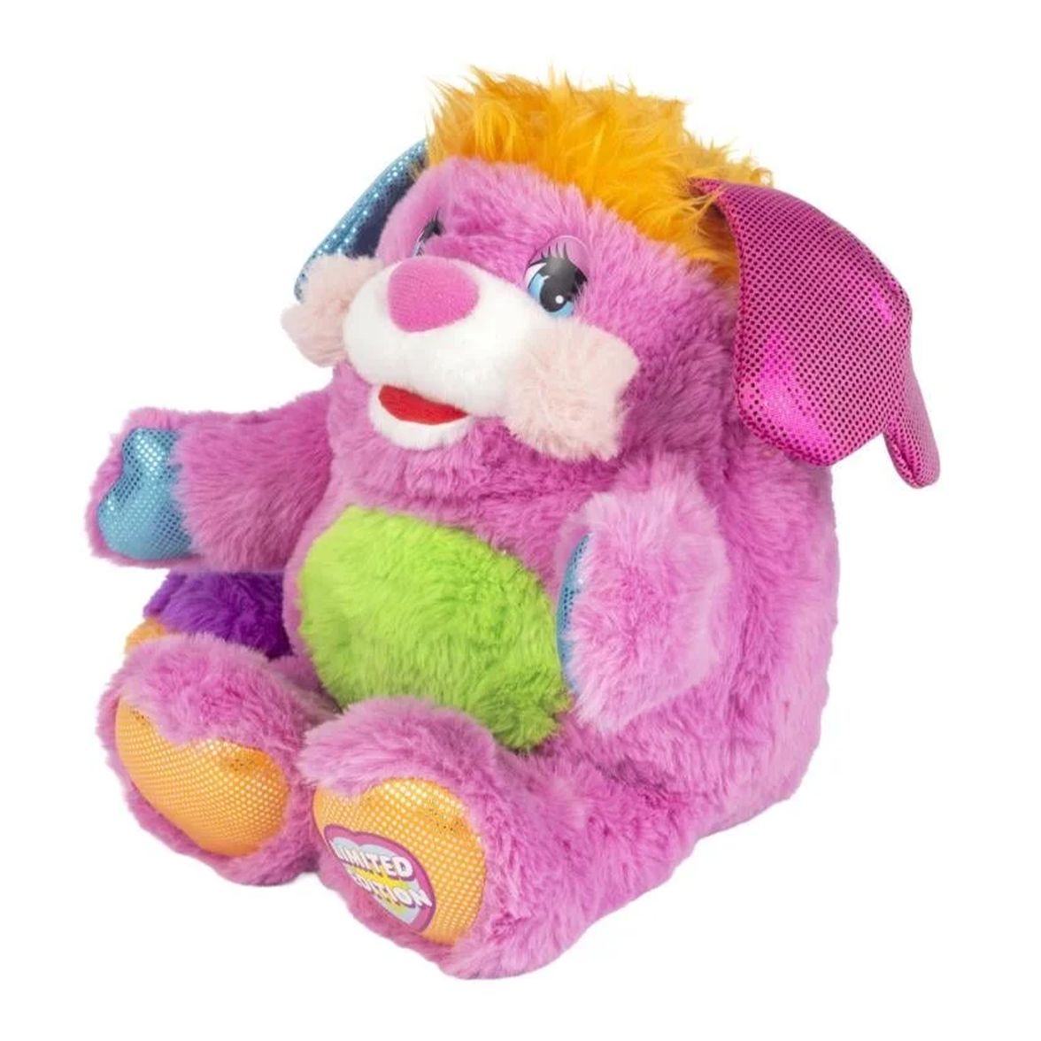 Popples Pancake Limited Edition Plush - 11-Inch Collectible by Go Figment with pink fur, green belly, orange hair, and shiny purple ears