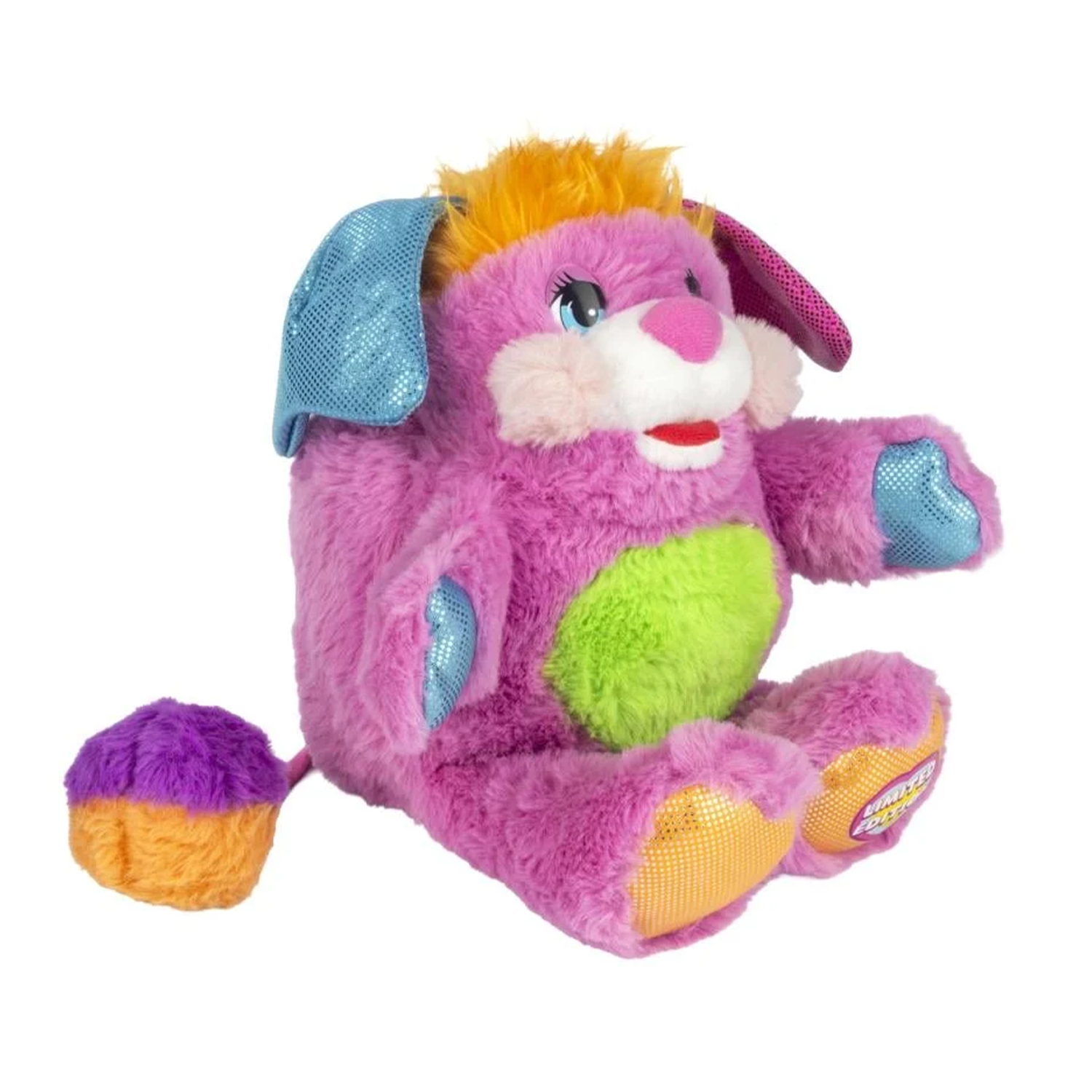 Popples Pancake Limited Edition Plush - 11-Inch Collectible by Go Figment with pink fur, green belly, orange hair, and blue shiny ears