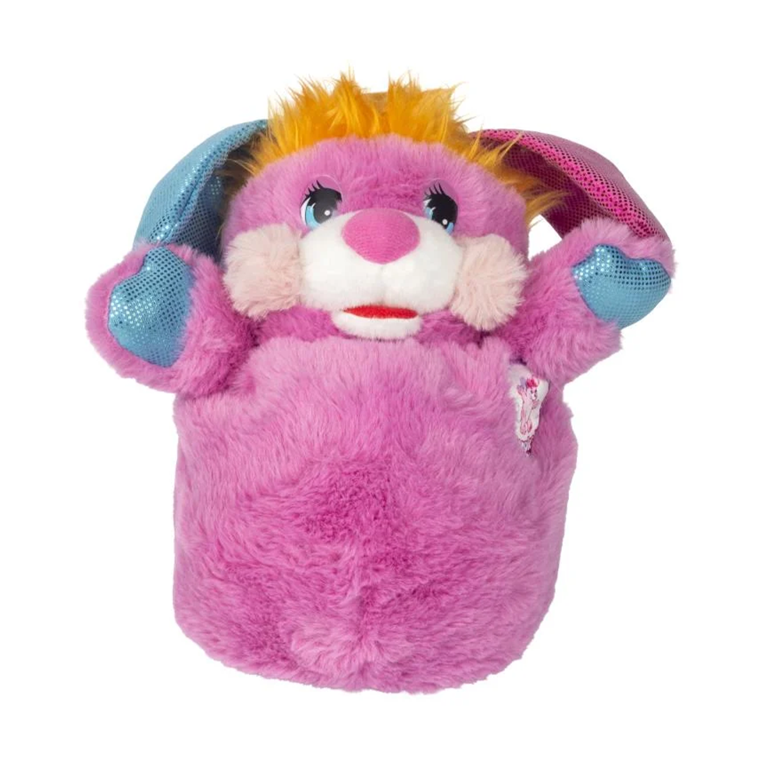 Popples Pancake Limited Edition Plush - 11-Inch Collectible by Go Figment with pink fur, yellow hair, and metallic blue and pink ears