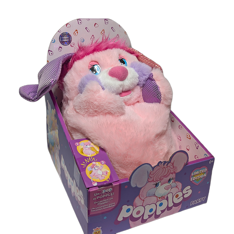 Pink Popples plush in party packaging from Go Figment, Popples Party Limited Edition Plush - 11-Inch Collectible