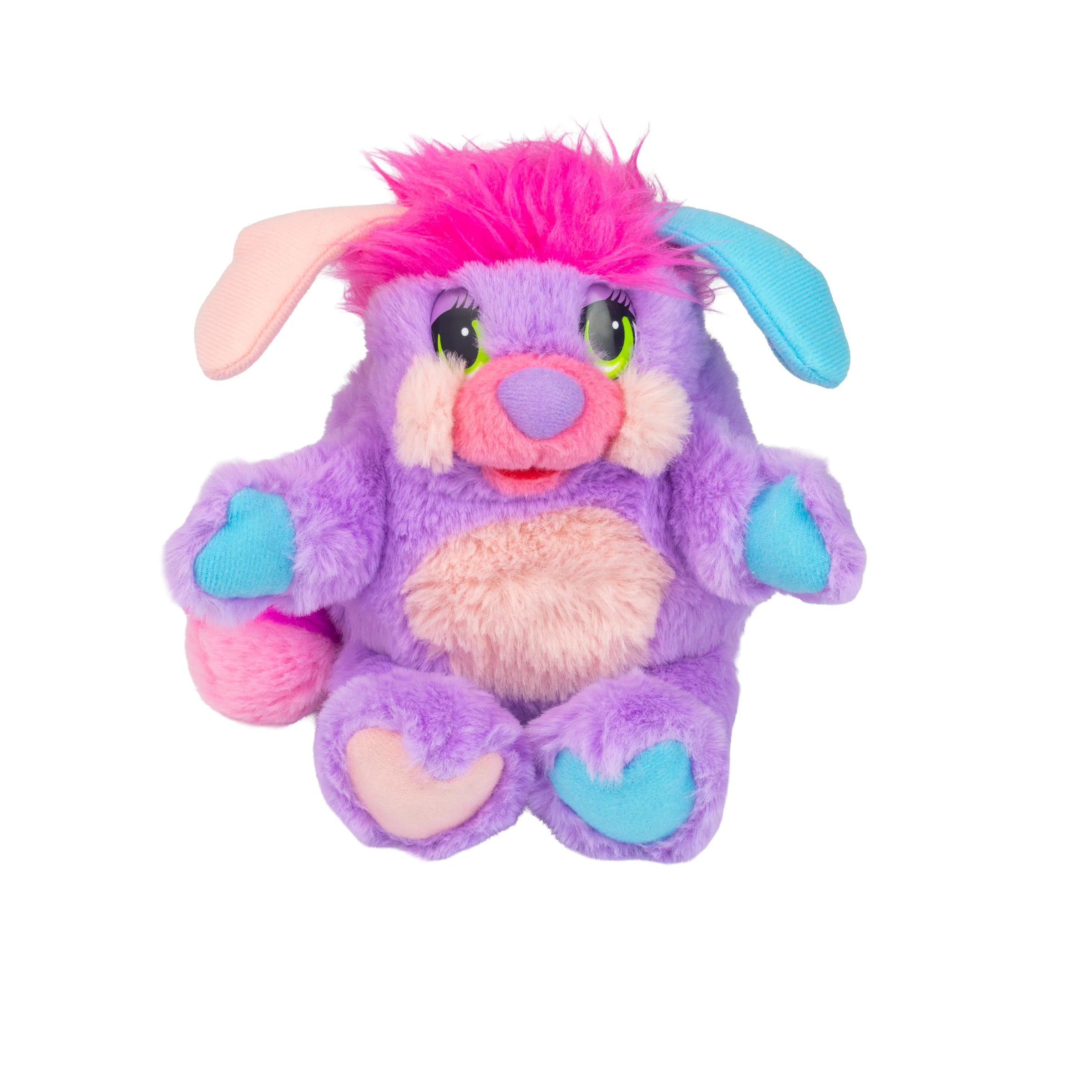Purple plush creature with bright pink hair, colorful floppy ears, green eyes, and blue and pink paws