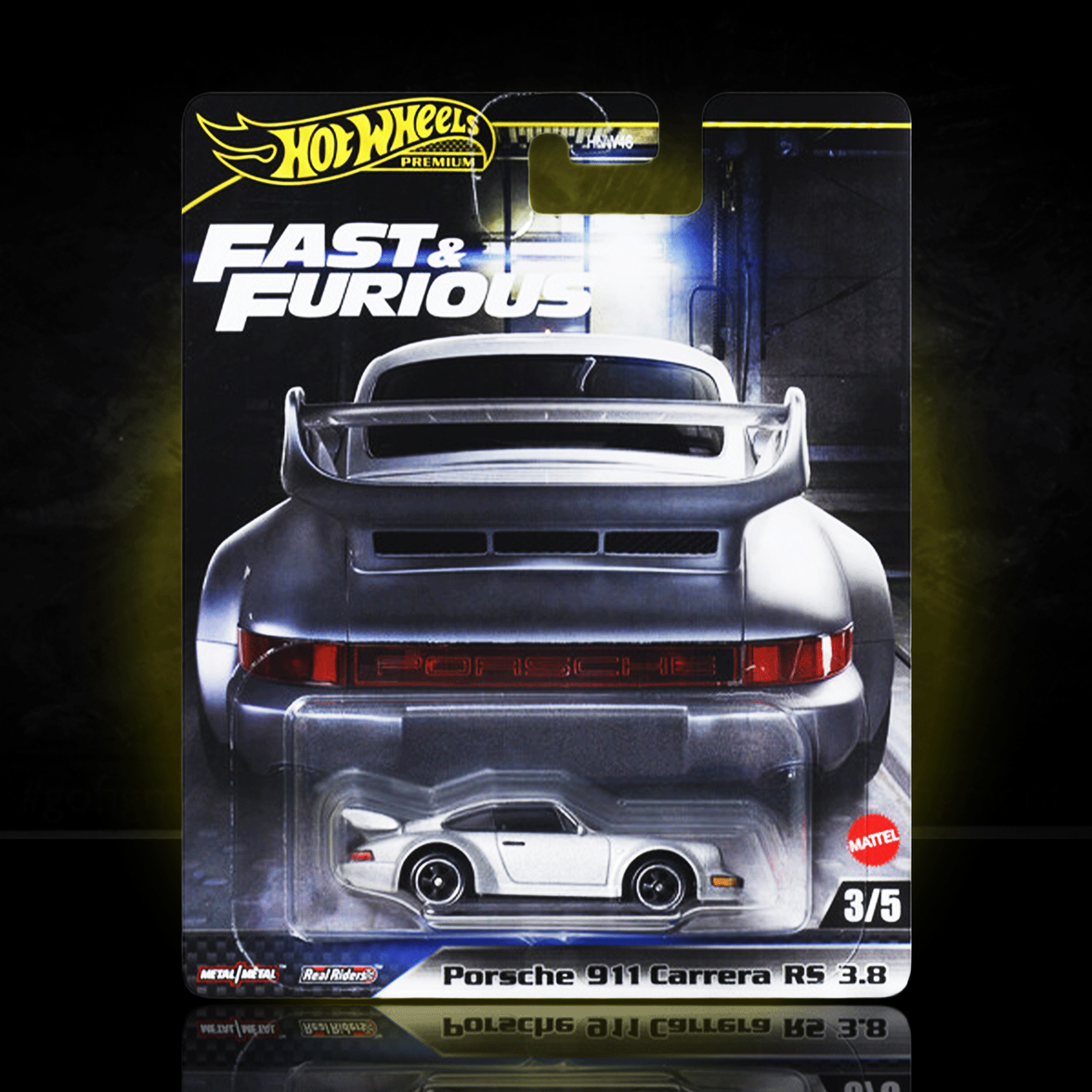 Mattel Hot Wheels Premium Fast and Furious Porsche 911 Carrera RS 3.8 diecast car in packaging with rear car view