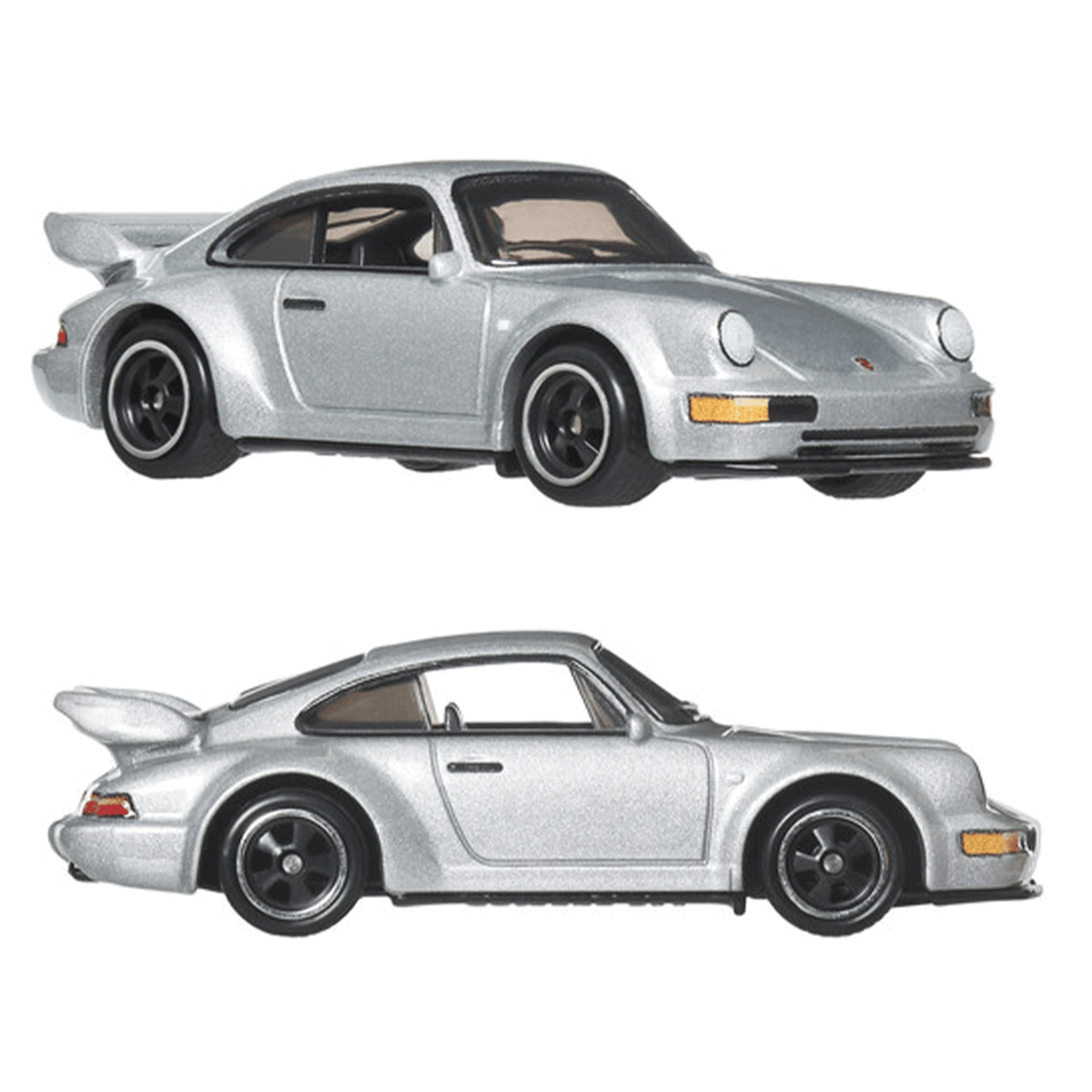Mattel Hot Wheels silver Porsche 911 Carrera RS 3.8 diecast car model side views on white background