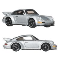 Mattel Hot Wheels silver Porsche 911 Carrera RS 3.8 diecast car model side views on white background