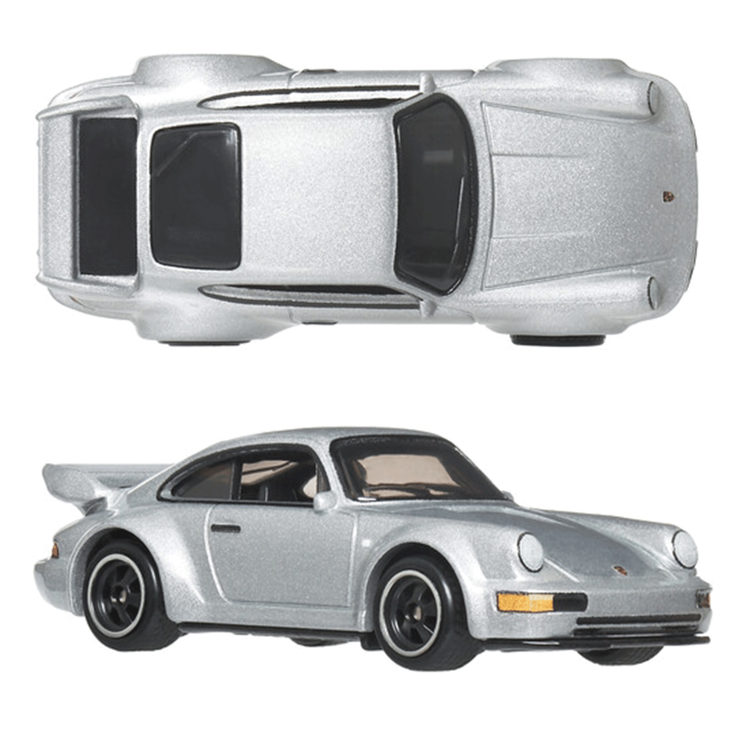 Mattel Hot Wheels Premium Porsche 911 Carrera RS 3.8 diecast car in silver with top and side views on white background