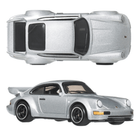 Mattel Hot Wheels Premium Porsche 911 Carrera RS 3.8 diecast car in silver with top and side views on white background