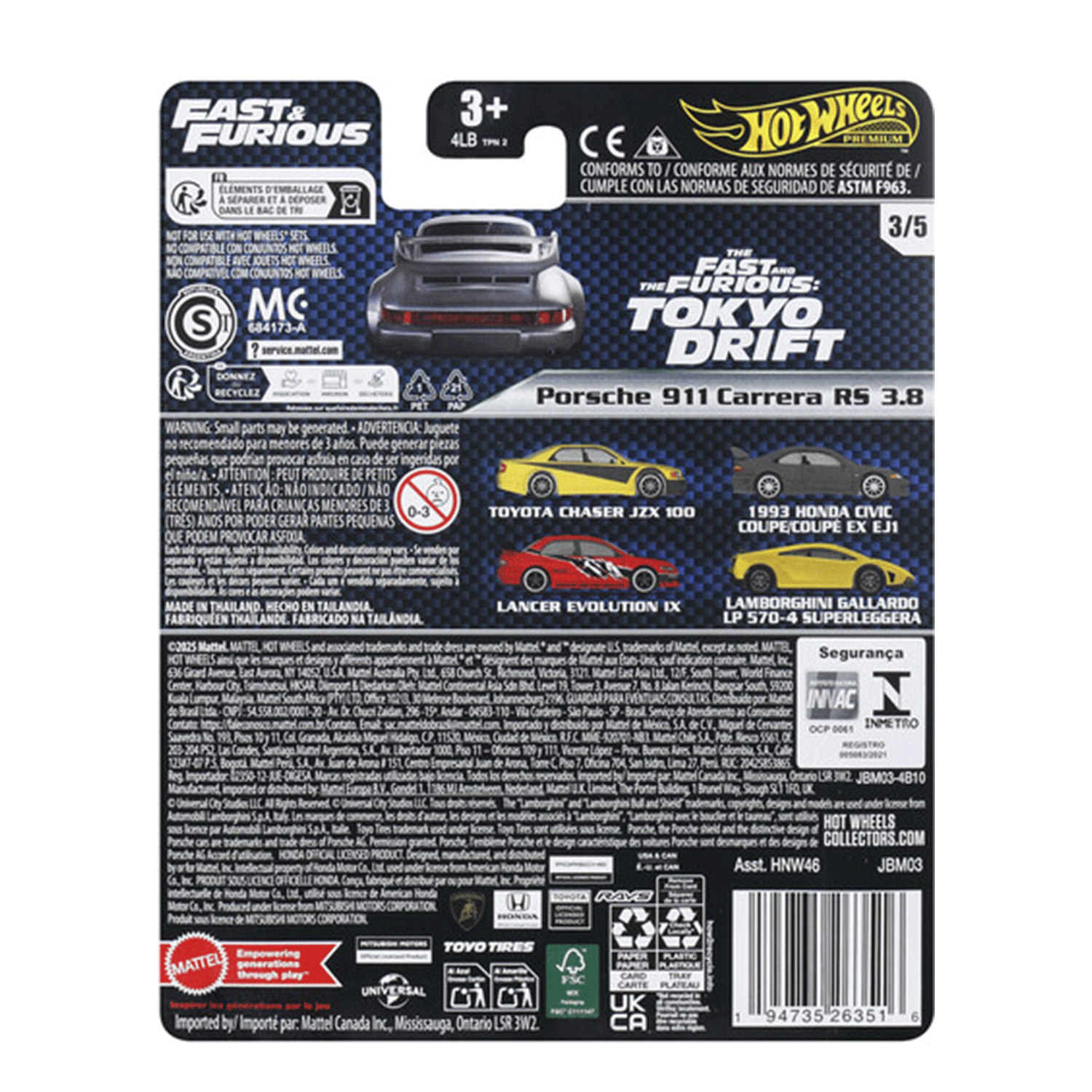 Mattel Hot Wheels packaging back view featuring Fast and Furious Tokyo Drift Porsche 911 Carrera RS 3.8 model details