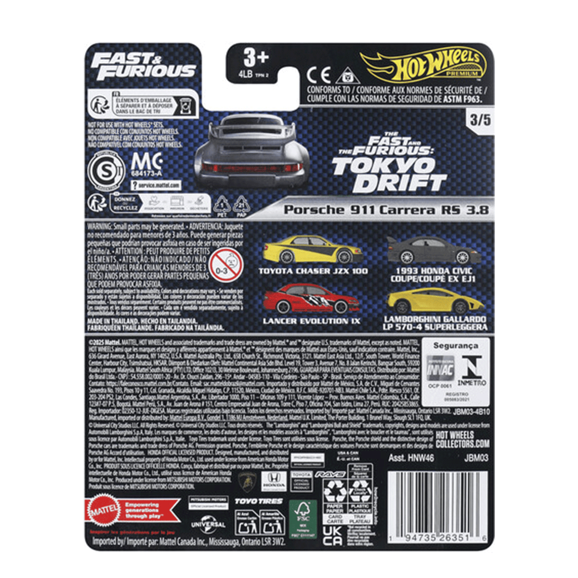 Mattel Hot Wheels packaging back view featuring Fast and Furious Tokyo Drift Porsche 911 Carrera RS 3.8 model details