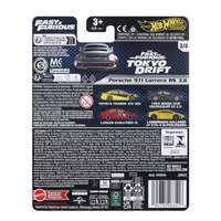 Mattel Hot Wheels packaging back view featuring Fast and Furious Tokyo Drift Porsche 911 Carrera RS 3.8 model details
