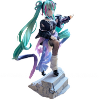 Figured anime character with long teal hair wearing black and purple outfit posed on rocky base with one leg raised