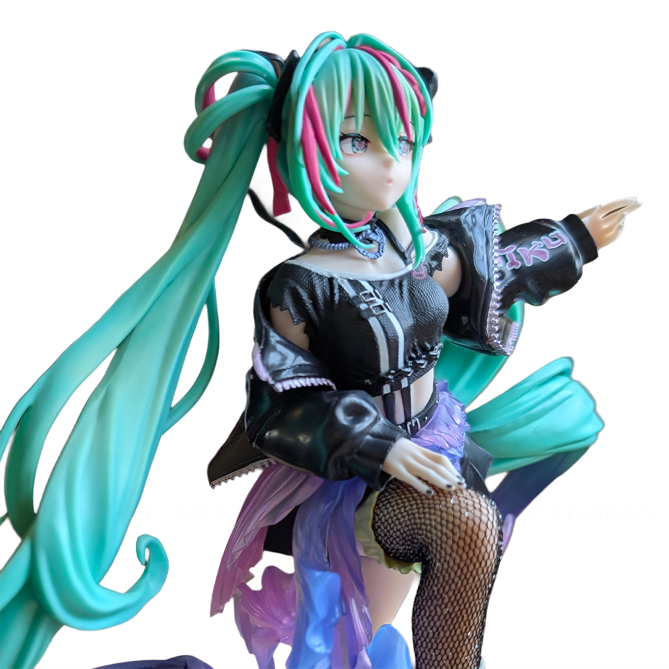 Anime-style collectible figure with vibrant teal hair, black outfit, and detailed fishnet stocking pose