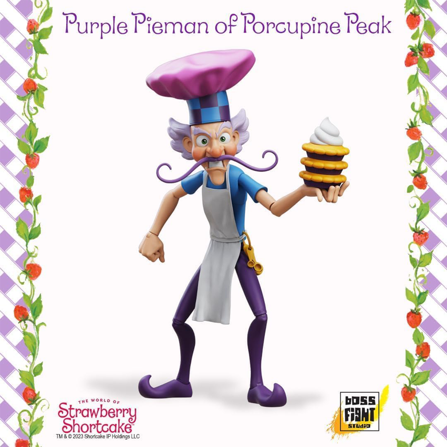 Boss Fight Studio Llc Purple Pie Man collectible figure with purple hat, apron, and stack of pies from Strawberry Shortcake series
