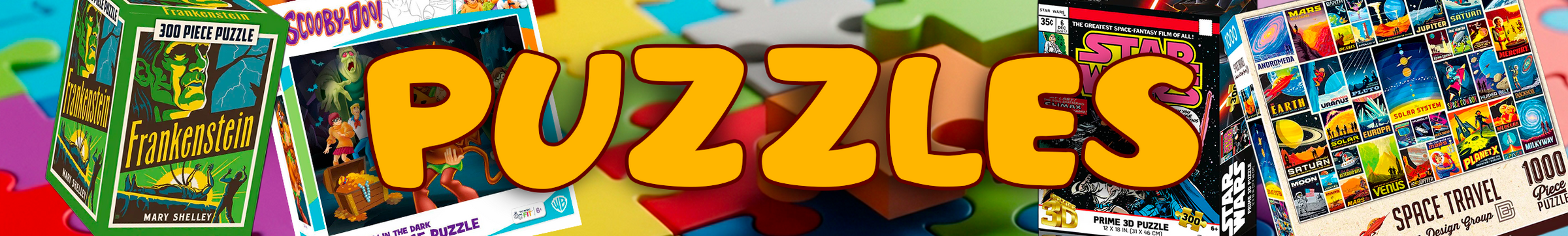 Colorful banner with the word PUZZLES surrounded by various jigsaw puzzle boxes and pieces on a bright background