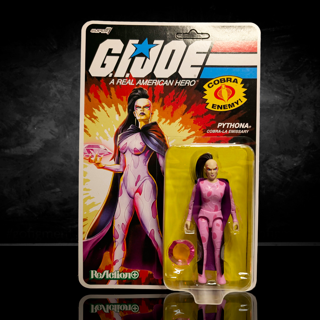 Hasbro G.I. Joe Pythona Cobra-La Emissary 3 3/4-inch ReAction+ figure in original packaging against dark background