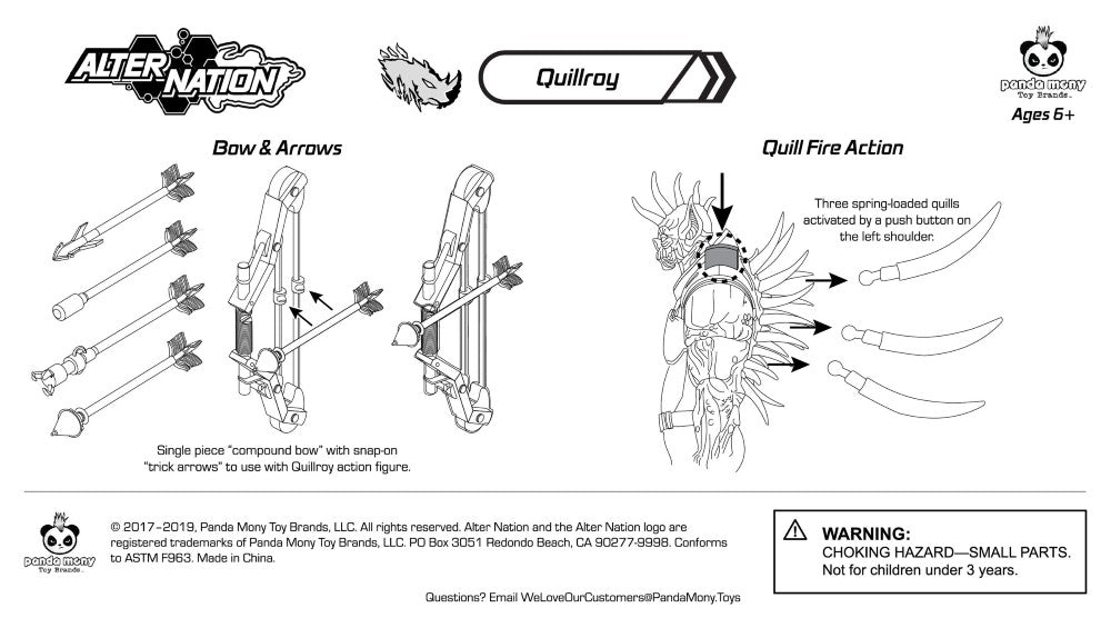 Quillroy 1:12 Scale 5" Human Porcupine Hybrid Action Figure by Altered Nation with bow, arrows, and spring-loaded quill fire feature diagram
