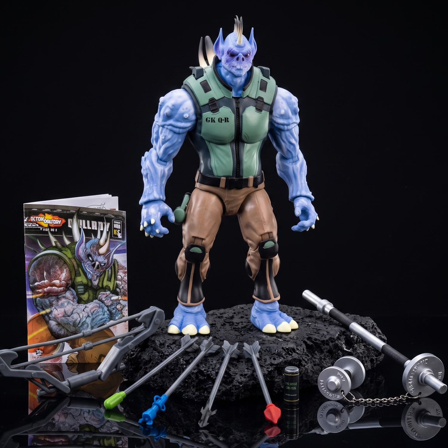 Quillroy 1:12 Scale 5" Human Porcupine Hybrid Action Figure by Altered Nation posed with crossbow, arrows, and accessories on textured base