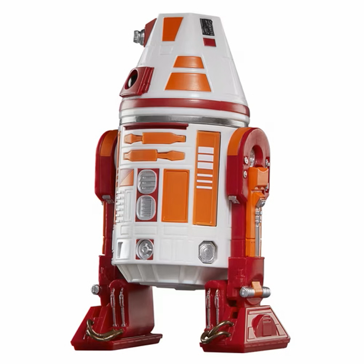 White orange and red astromech droid robot with a domed head and mechanical legs
