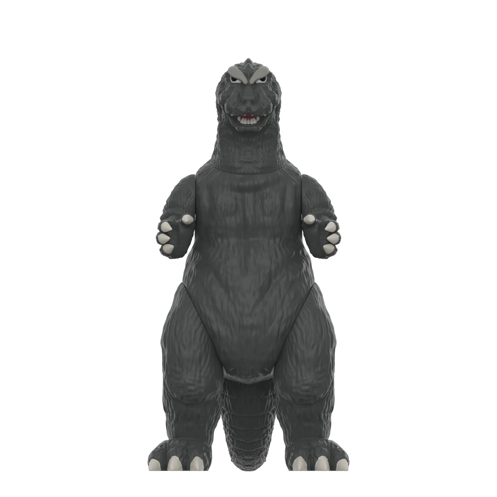 Front view of Super7 Godzilla 1964 ReAction figure with distinctive prominent eyebrow detail and articulated limbs.