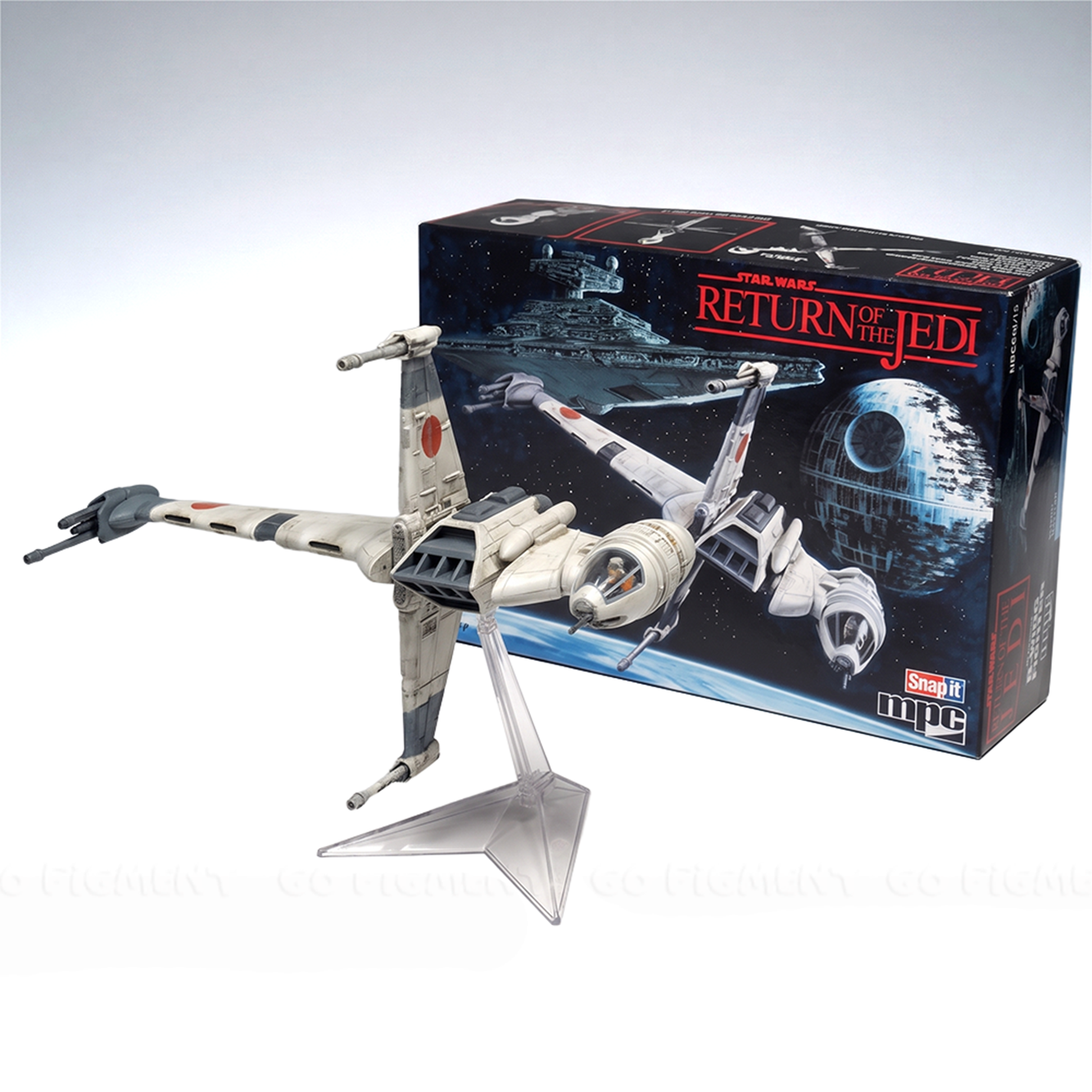 Return of the Jedi B-Wing Fighter MPC Star Wars 1/144 Scale Model Kit by Atlantis Models with display stand and packaging.