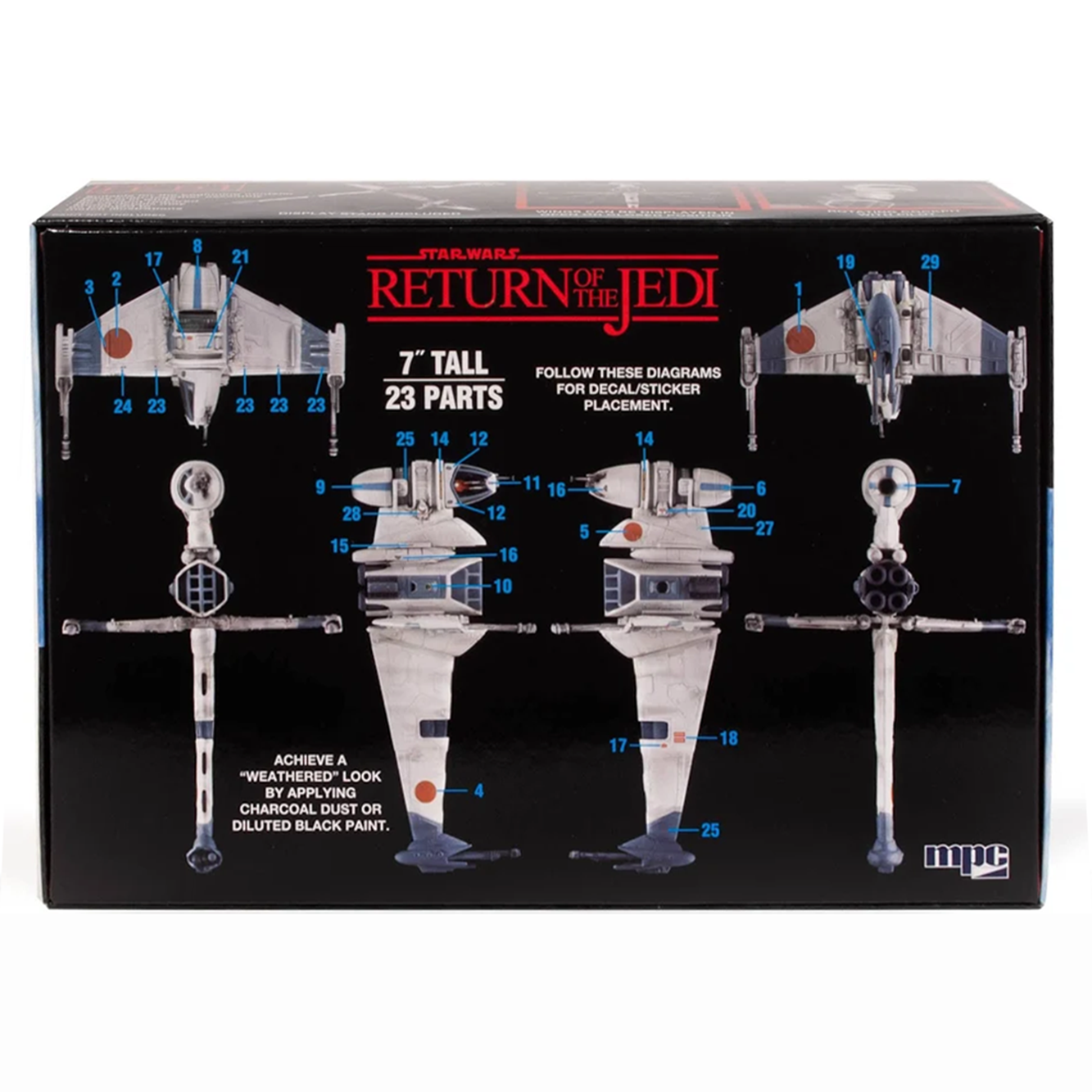 Return of the Jedi B-Wing Fighter MPC Star Wars 1/144 Scale Model Kit by Atlantis Models with assembly diagram on box back.
