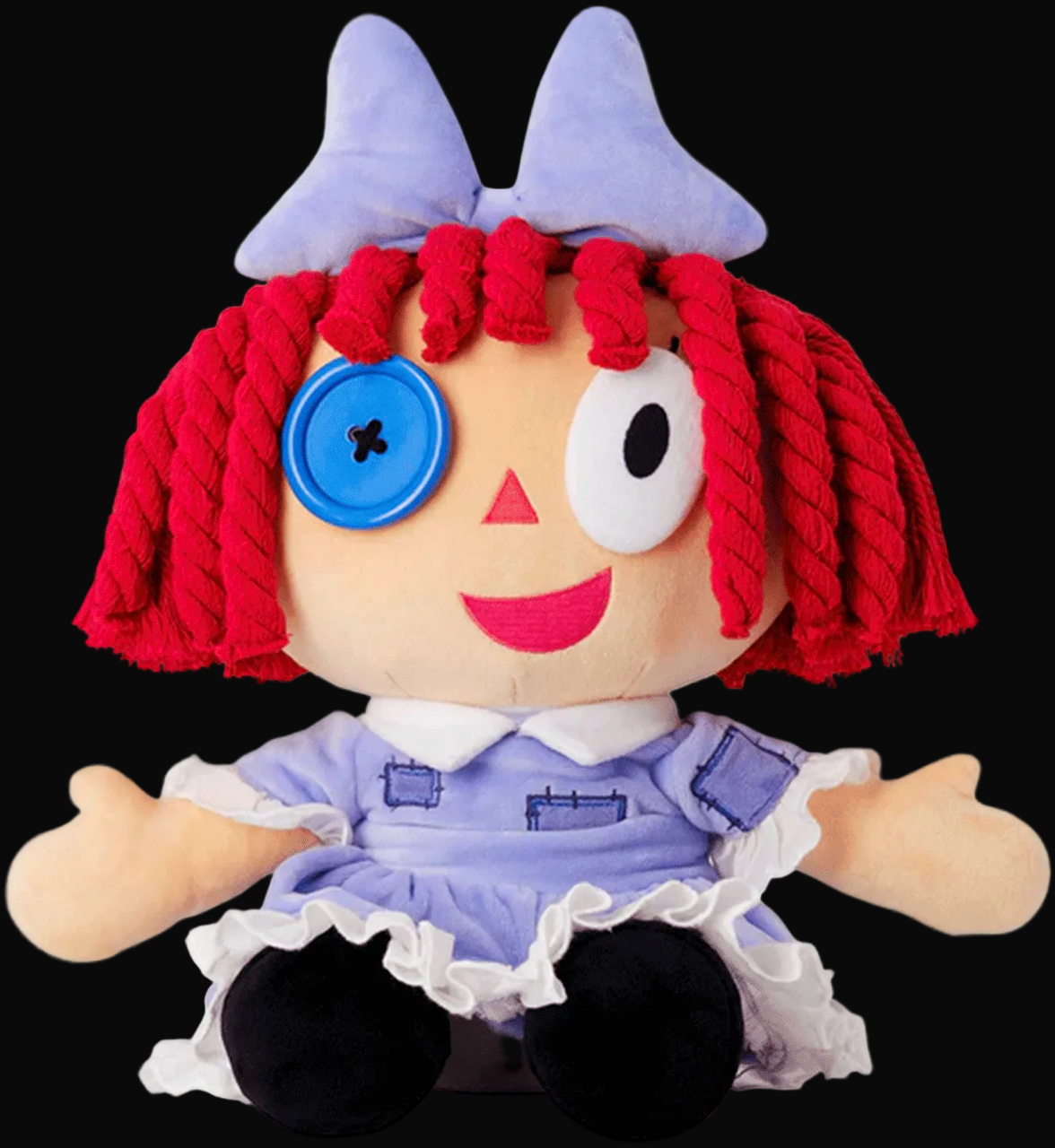 Glitch Ragatha plush with red yarn hair, blue button eye, purple dress, and mismatched eyes sitting on white background