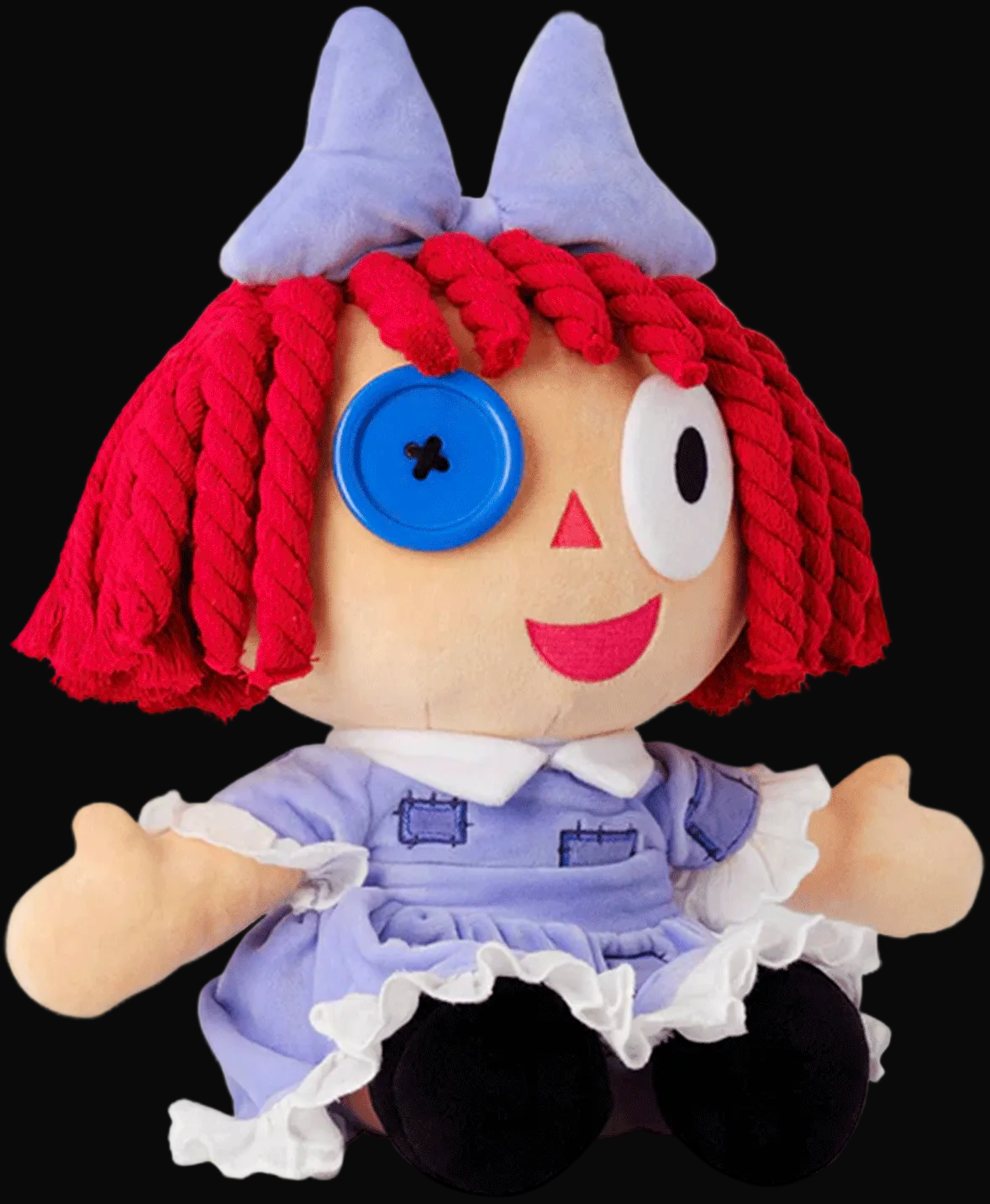 Glitch Ragatha plush with red yarn hair, blue button eye, and purple patchwork dress sitting on white background