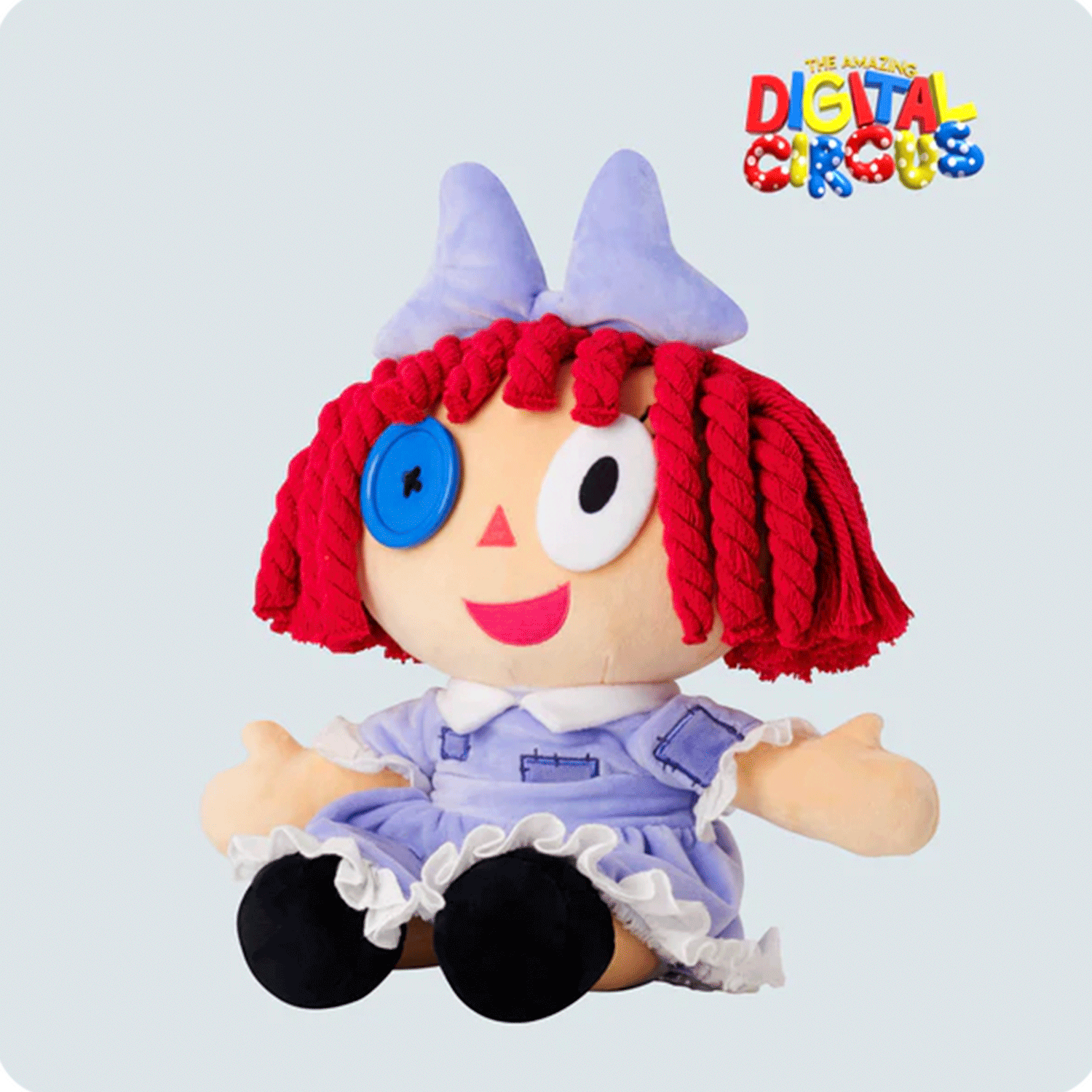 Glitch Ragatha plush doll with red yarn hair, blue button eye, purple dress, and playful smile on white background