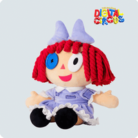 Glitch Ragatha plush doll with red yarn hair, blue button eye, purple dress, and playful smile on white background