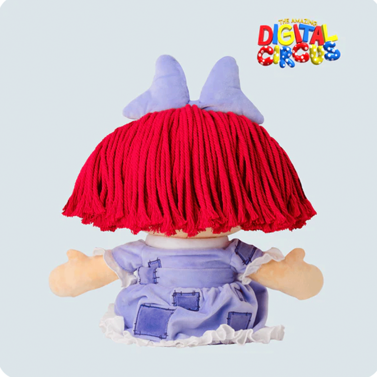 Glitch Ragatha plush showing back view with red yarn hair, purple patchwork dress, and light purple bow on pale background