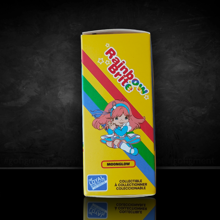 Yellow Rainbow Brite Moonglow collectible box featuring vibrant rainbow stripes and character illustration by Loyal Subjects