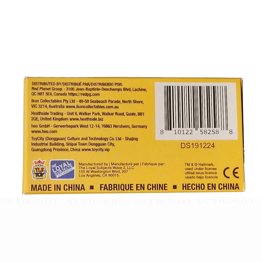 Yellow packaging back showing manufacturing and distribution details for Buddy Blue 2.5" Collectible Figures Wave 2 - 40 Years of Rainbow Brite by Loyal Subjects.