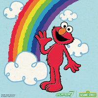 Red furry character with a big smile waving against a blue sky with fluffy clouds and a colorful rainbow arc