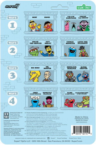 Packaging back featuring Sesame Street character portraits arranged in rows, with waves and logos on a light blue brick background.