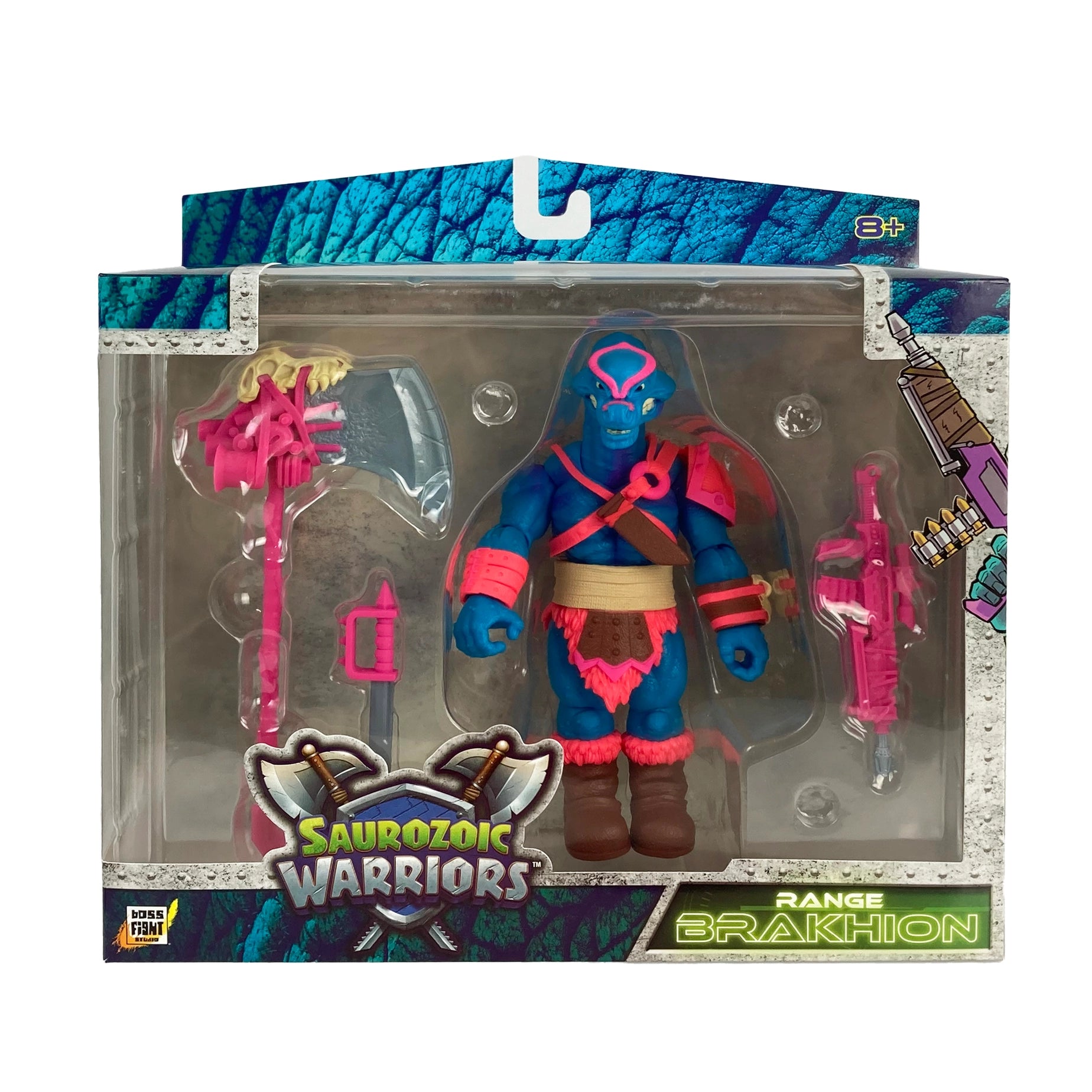 Range Brakhion Saurozoic Warriors action figure, a 6-inch scale Brachiosaurus-inspired spy. This teal and pink dinosaur warrior features a long neck, blue skin with pink armor, and holds a large grey rocket axe. 1:12 scale collectible by Boss Fight Studio.