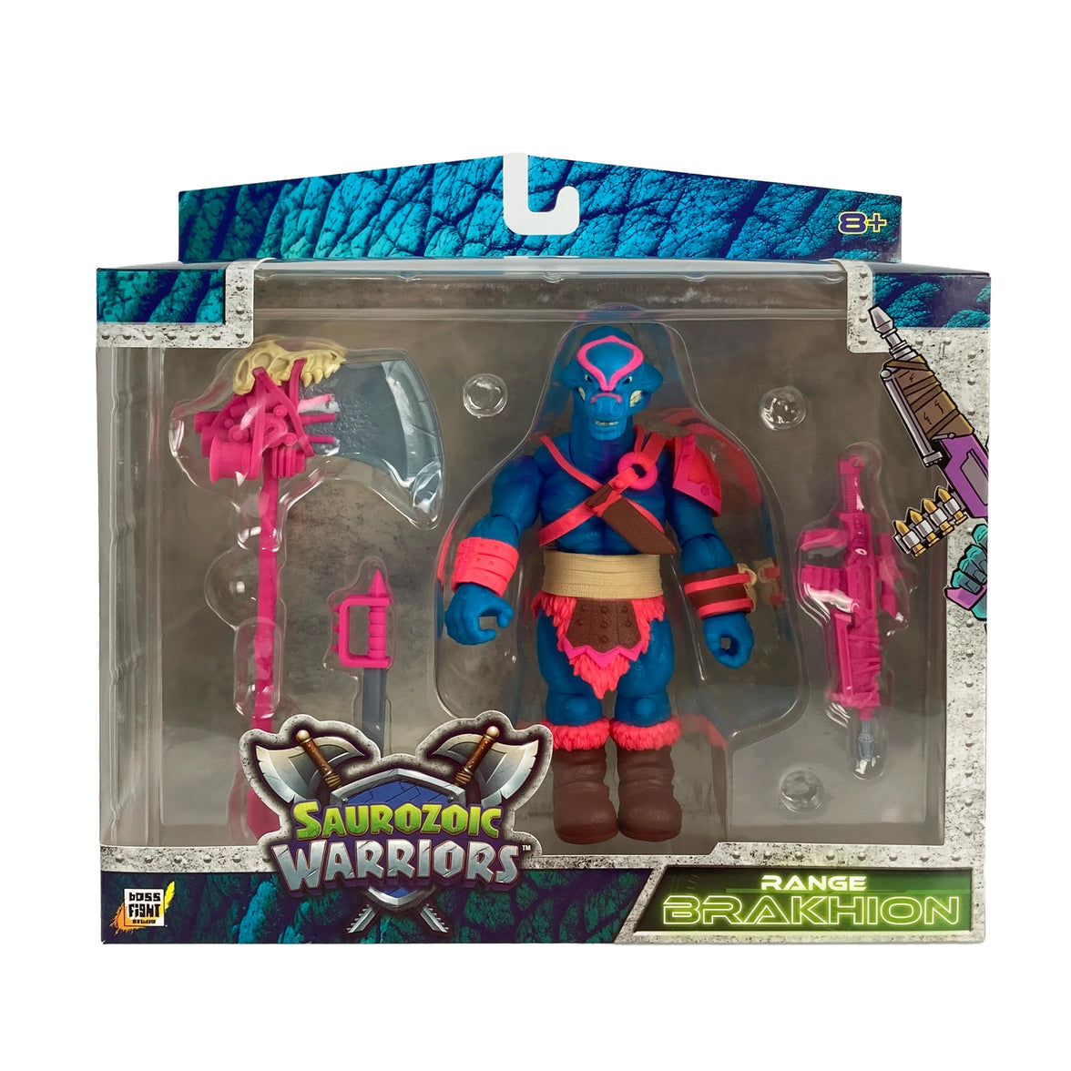 Range Brakhion Saurozoic Warriors action figure, a 6-inch scale Brachiosaurus-inspired spy. This teal and pink dinosaur warrior features a long neck, blue skin with pink armor, and holds a large grey rocket axe. 1:12 scale collectible by Boss Fight Studio.