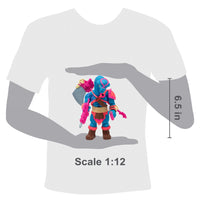 Range Brakhion Saurozoic Warriors action figure, a 6-inch scale Brachiosaurus-inspired spy. This teal and pink dinosaur warrior features a long neck, blue skin with pink armor, and holds a large grey rocket axe. 1:12 scale collectible by Boss Fight Studio.