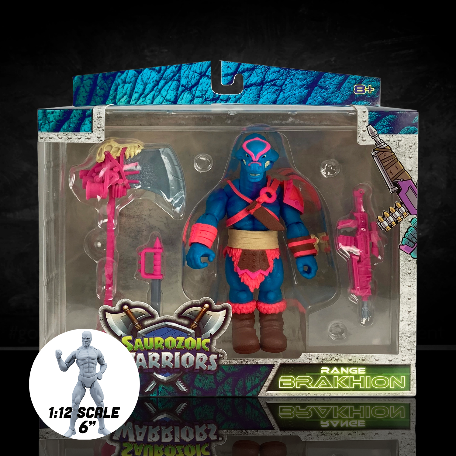 Range Brakhion Saurozoic Warriors action figure, a 6-inch scale Brachiosaurus-inspired spy. This teal and pink dinosaur warrior features a long neck, blue skin with pink armor, and holds a large grey rocket axe. 1:12 scale collectible by Boss Fight Studio.