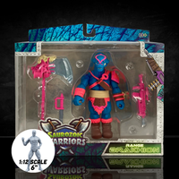 Range Brakhion Saurozoic Warriors action figure, a 6-inch scale Brachiosaurus-inspired spy. This teal and pink dinosaur warrior features a long neck, blue skin with pink armor, and holds a large grey rocket axe. 1:12 scale collectible by Boss Fight Studio.