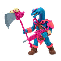 Range Brakhion Saurozoic Warriors action figure, a 6-inch scale Brachiosaurus-inspired spy. This teal and pink dinosaur warrior features a long neck, blue skin with pink armor, and holds a large grey rocket axe. 1:12 scale collectible by Boss Fight Studio.