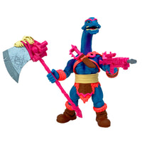 Range Brakhion Saurozoic Warriors action figure, a 6-inch scale Brachiosaurus-inspired spy. This teal and pink dinosaur warrior features a long neck, blue skin with pink armor, and holds a large grey rocket axe. 1:12 scale collectible by Boss Fight Studio.