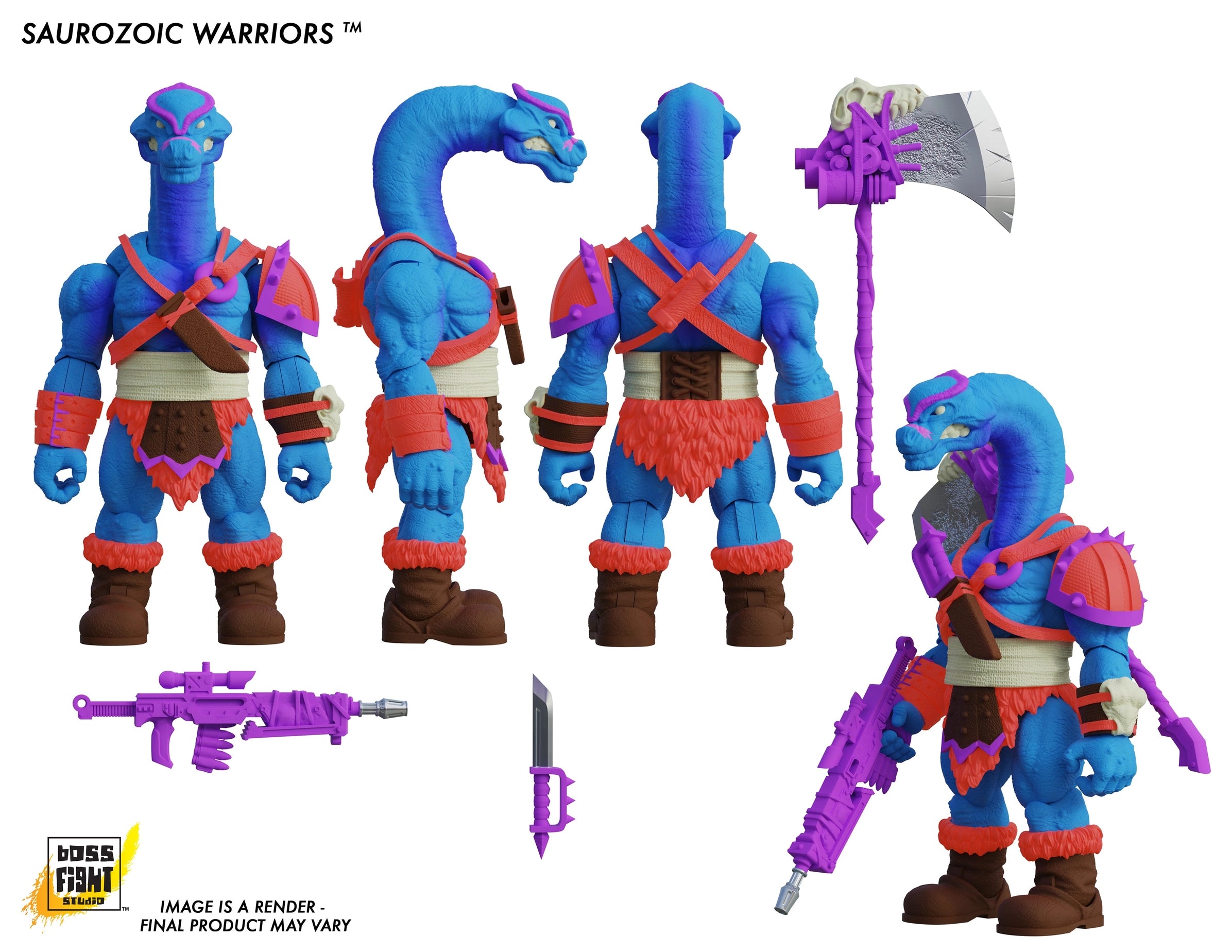Range Brakhion Saurozoic Warriors action figure, a 6-inch scale Brachiosaurus-inspired spy. This teal and pink dinosaur warrior features a long neck, blue skin with pink armor, and holds a large grey rocket axe. 1:12 scale collectible by Boss Fight Studio.