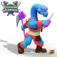 Range Brakhion Saurozoic Warriors action figure, a 6-inch scale Brachiosaurus-inspired spy. This teal and pink dinosaur warrior features a long neck, blue skin with pink armor, and holds a large grey rocket axe. 1:12 scale collectible by Boss Fight Studio.