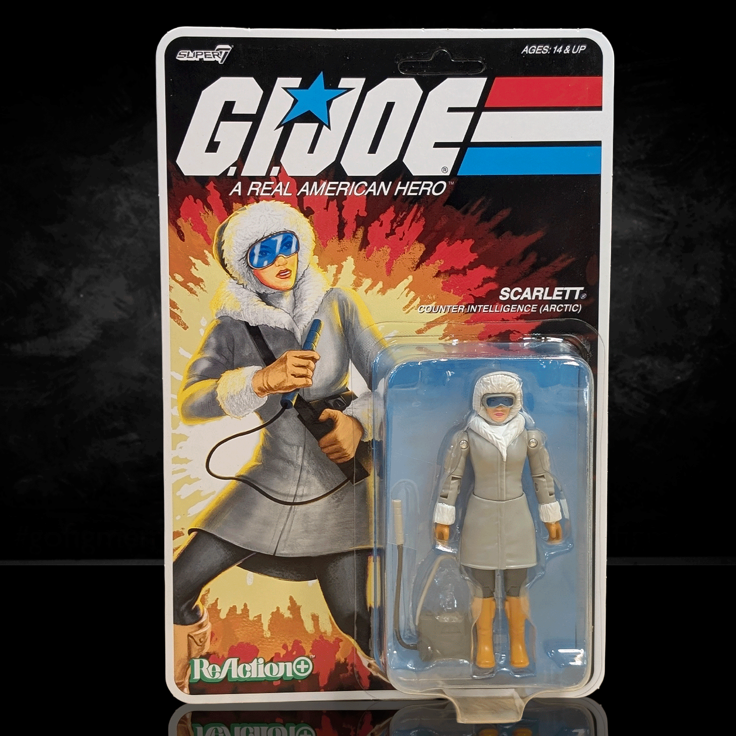 Super7 GI Joe Scarlett Arctic Counter Intelligence figure in parka with geiger counter accessory in retro blister card packaging