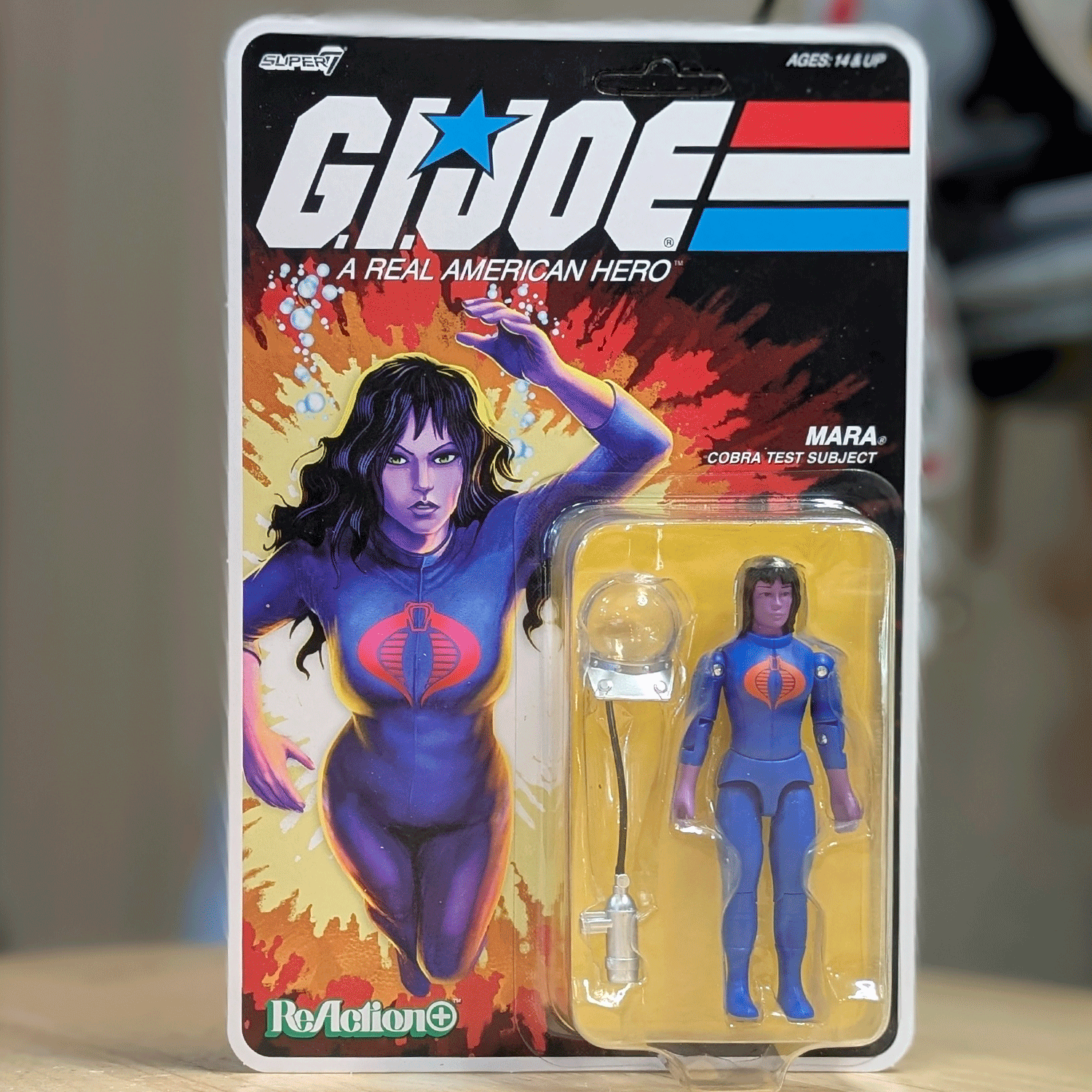 Super7 Mara Cobra Test Subject figure in purple suit with breathing helmet and accessories in retro carded packaging