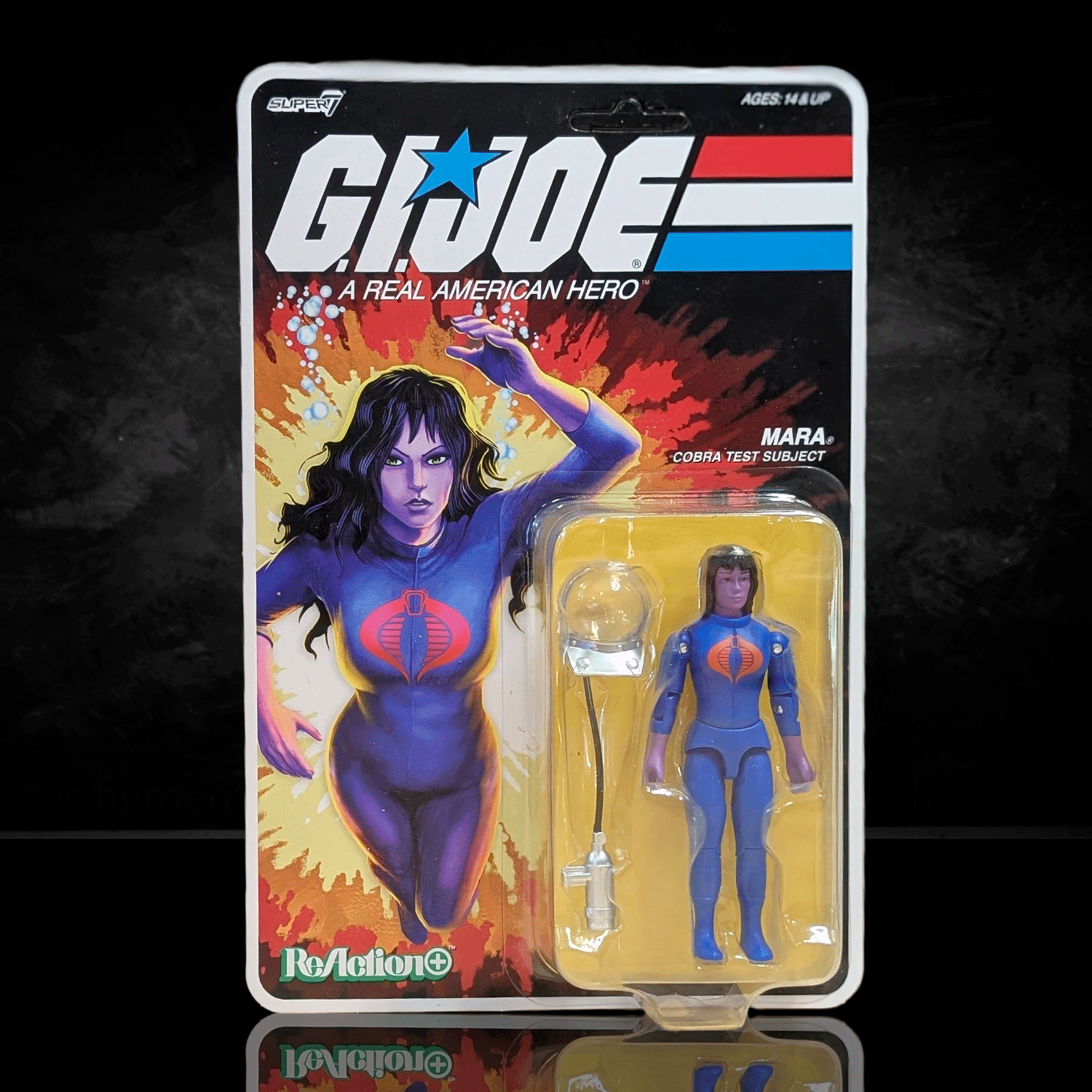 Super7 Mara Cobra Test Subject action figure in blue suit with breathing helmet and accessories in vintage style packaging
