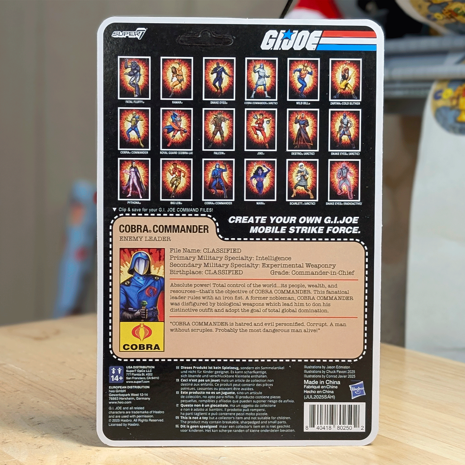 Super7 GI Joe Cobra Commander black cape figure packaging with character profile and attack poses on retro card back