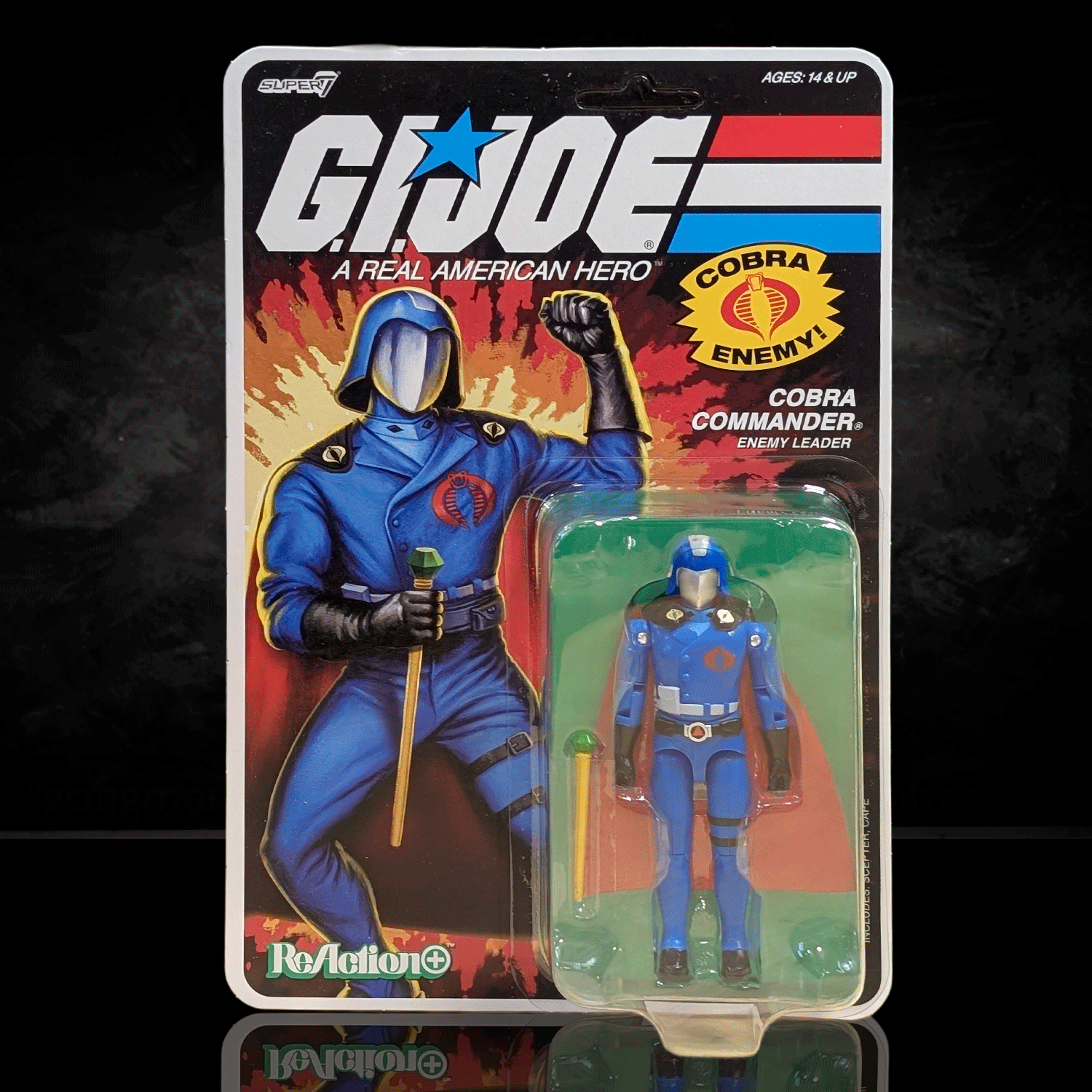 Super7 Cobra Commander action figure with black cape in 3.75-inch ReAction+ retro style packaging